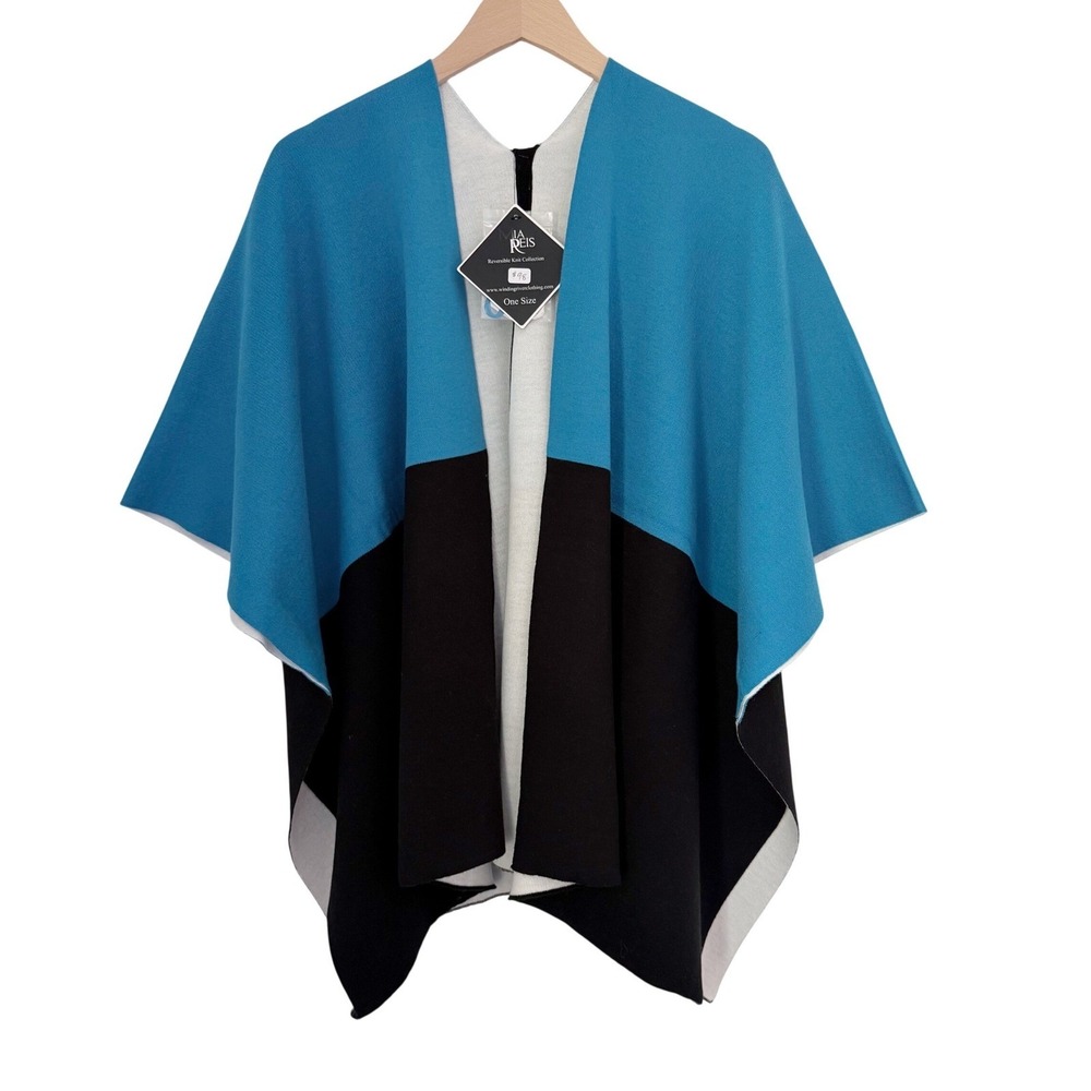 NWT Mia Reis Reversible Knit Wrap Turquoise Black Colorblock Poncho Shawl OS
